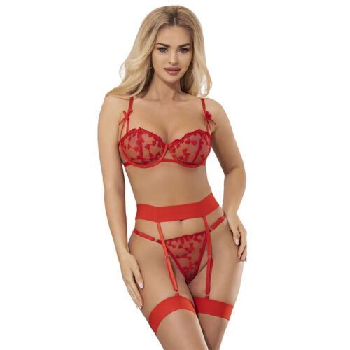 Set lenjerie sexy SUBBLIME HEART PRINT BRA + THONG + GARTER BELT