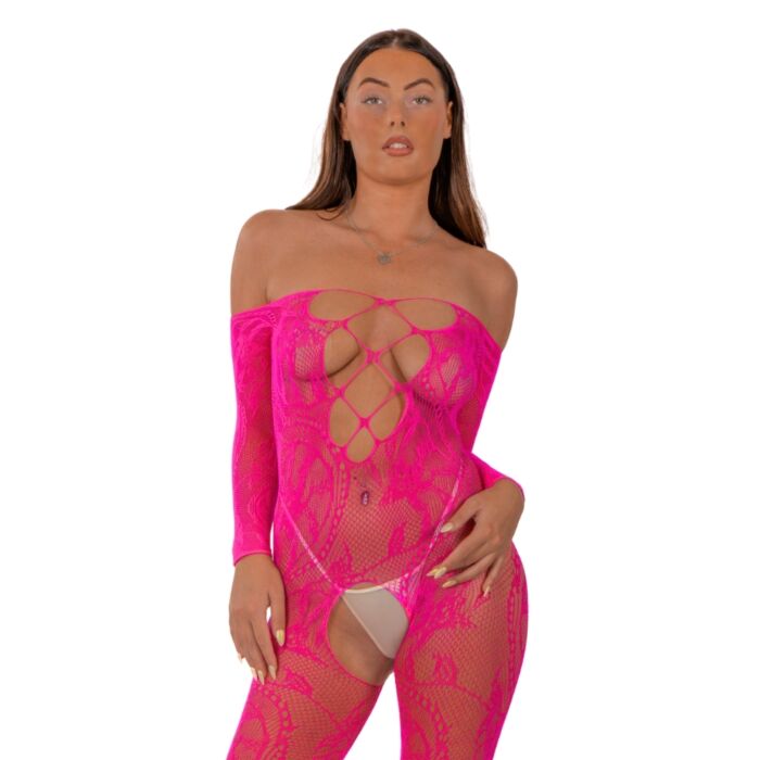 Bodystocking Lace Up Front Crotchless Fuchsia Bodystocking Lace Up Front Crotchless Fuchsia