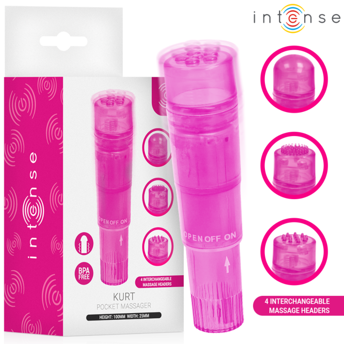 Vibrator mini INTENSE FUN TOYS KURT roz cu 4 capete interschimbabile