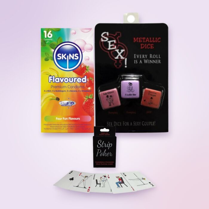 Set Secret Santa de glumă cu strip poker, zaruri și prezervative aromate