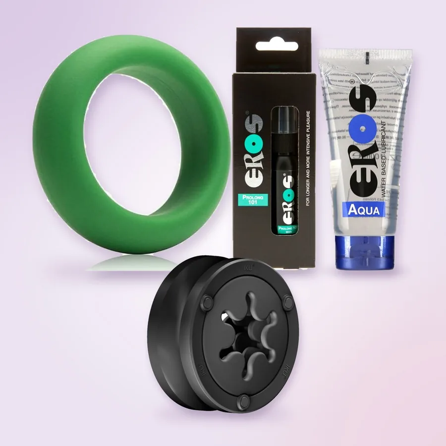 Masturbatorul Fun Factory IKU FLEX, inelul Je Joue, spray-ul Eros Prolong 101 și lubrifiantul EROS Aqua